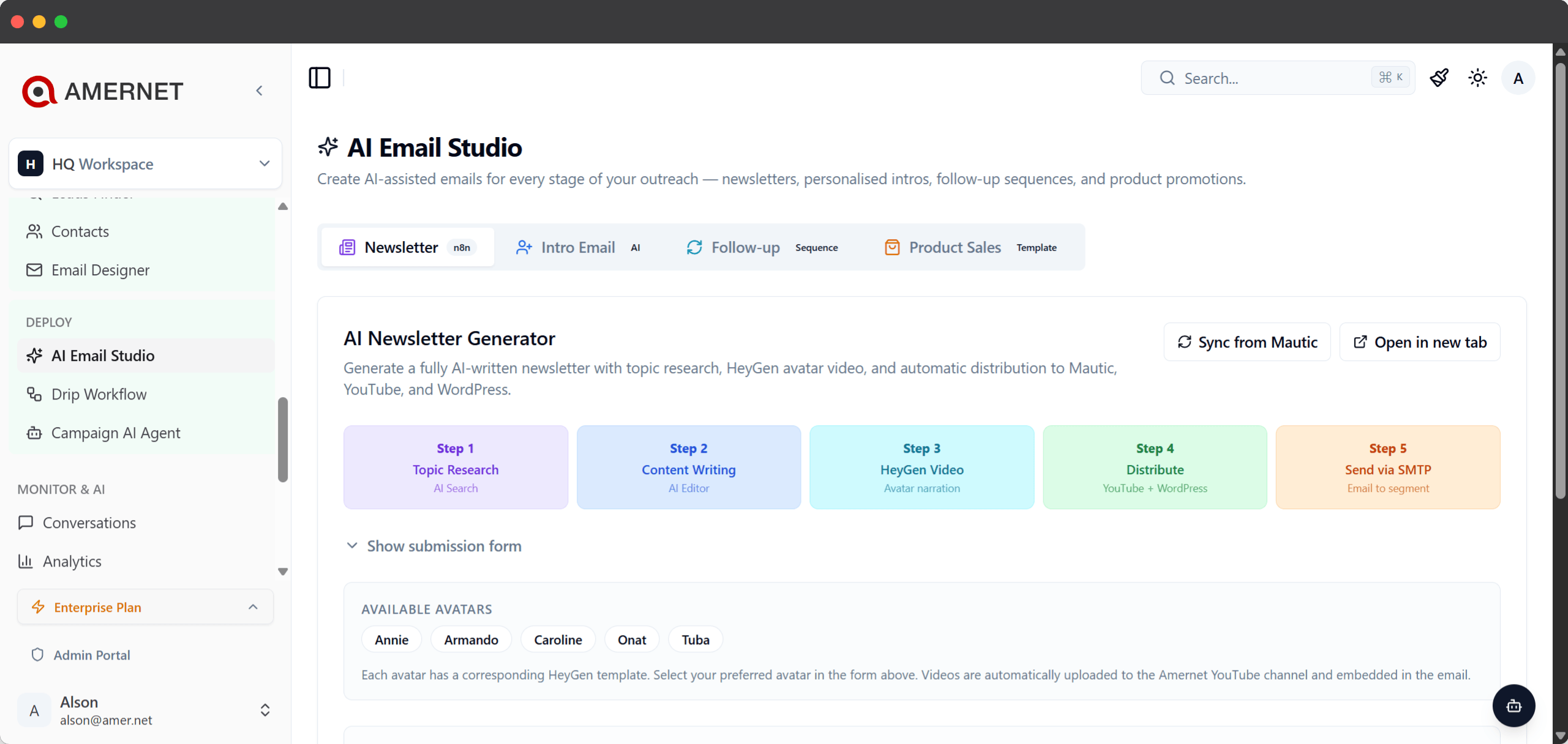 Amernet AI Email Studio composing an email campaign