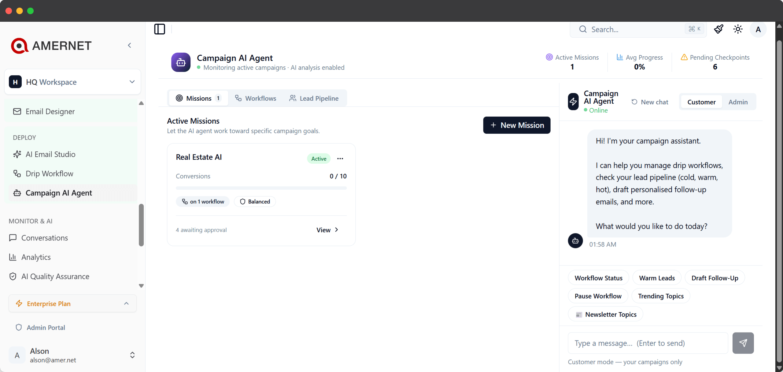 Amernet AI agents dashboard handling a live campaign conversation