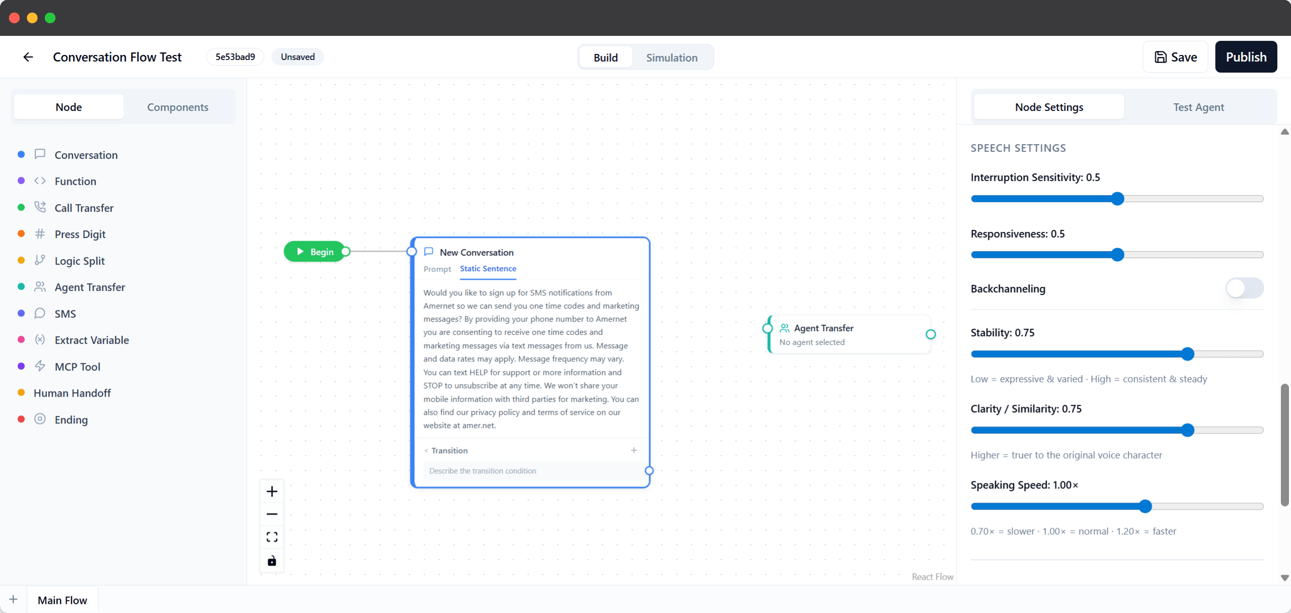 Amernet conversation flow builder: a Begin node linked to a conversation node and an agent transfer, with the node palette and speech settings panel
